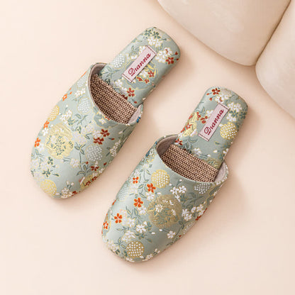 Chinoiserie Embroidered Satin House Slippers - Green - L - image 8