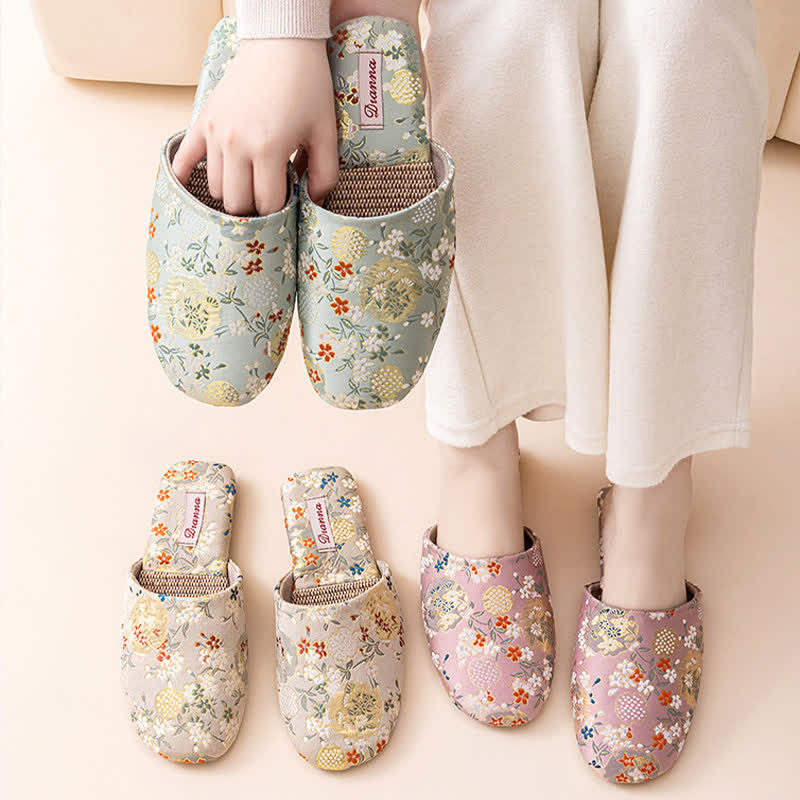 Chinoiserie Embroidered Satin House Slippers - image 0