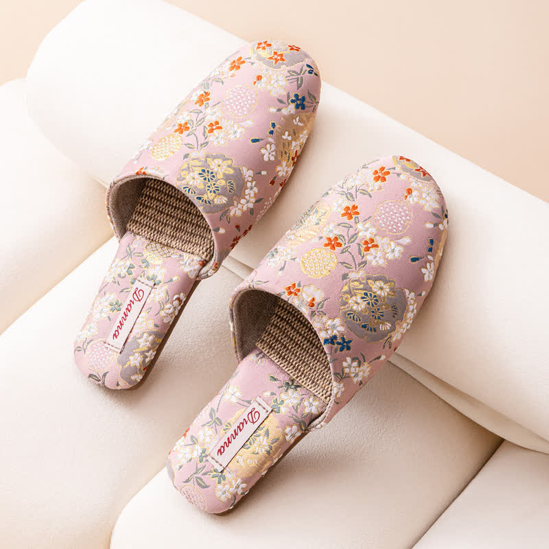 Chinoiserie Embroidered Satin House Slippers - Pink - L - image 4