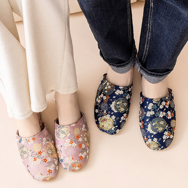 Chinoiserie Embroidered Satin House Slippers - image 3