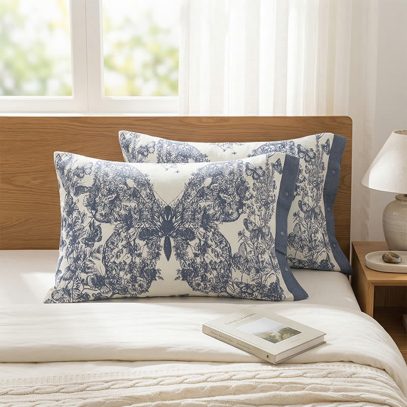 Butterfly Floral Button Cotton Pillowcases (2PCS) - Blue - 52cm x 76cm - image 0