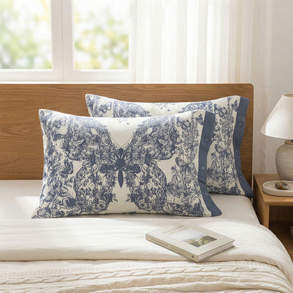 Butterfly Floral Button Cotton Pillowcases (2PCS) - Blue - 52cm x 76cm - image 0