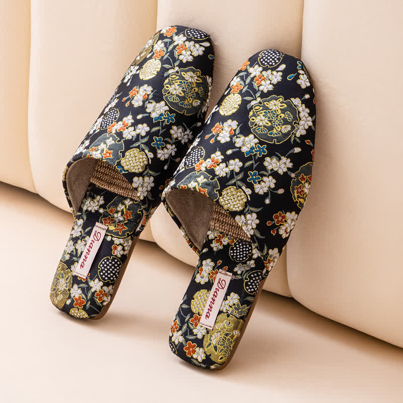 Chinoiserie Embroidered Satin House Slippers - Black - 2XL - image 12