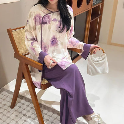 Watercolor Purple Floral Eastern-Inspired Pajama Set - image 2