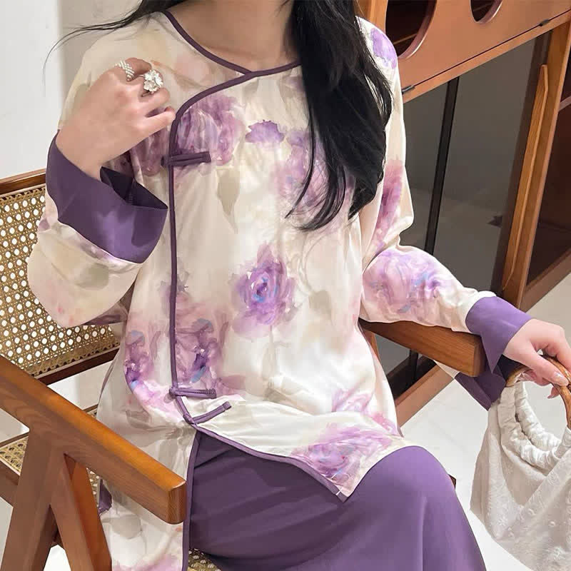 Watercolor Purple Floral Eastern-Inspired Pajama Set - image 3