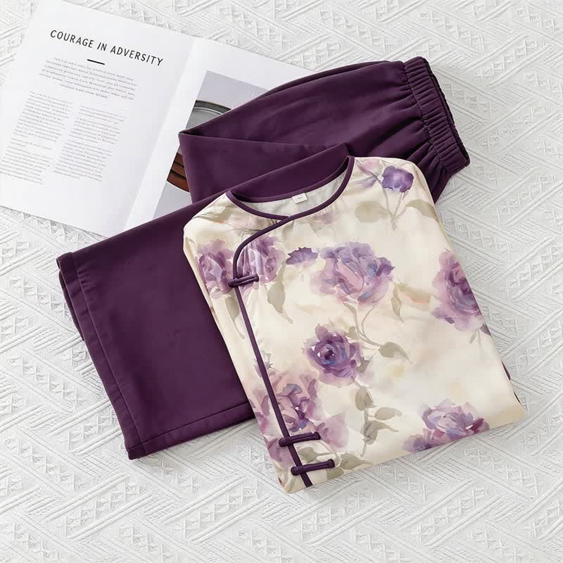 Watercolor Purple Floral Eastern-Inspired Pajama Set - Purple - M - image 0