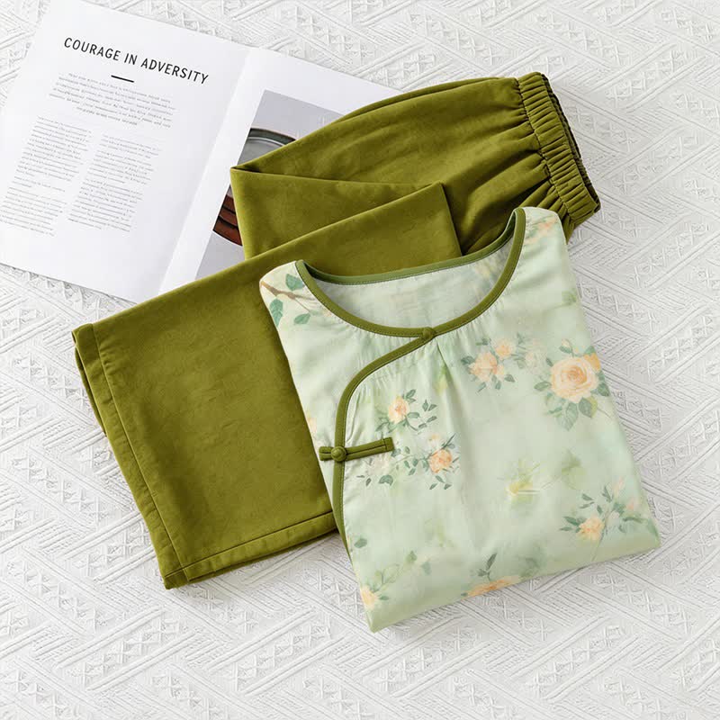 Ownkoti Fresh Floral Eastern-Inspired Pajama Set - Green - M - image 0