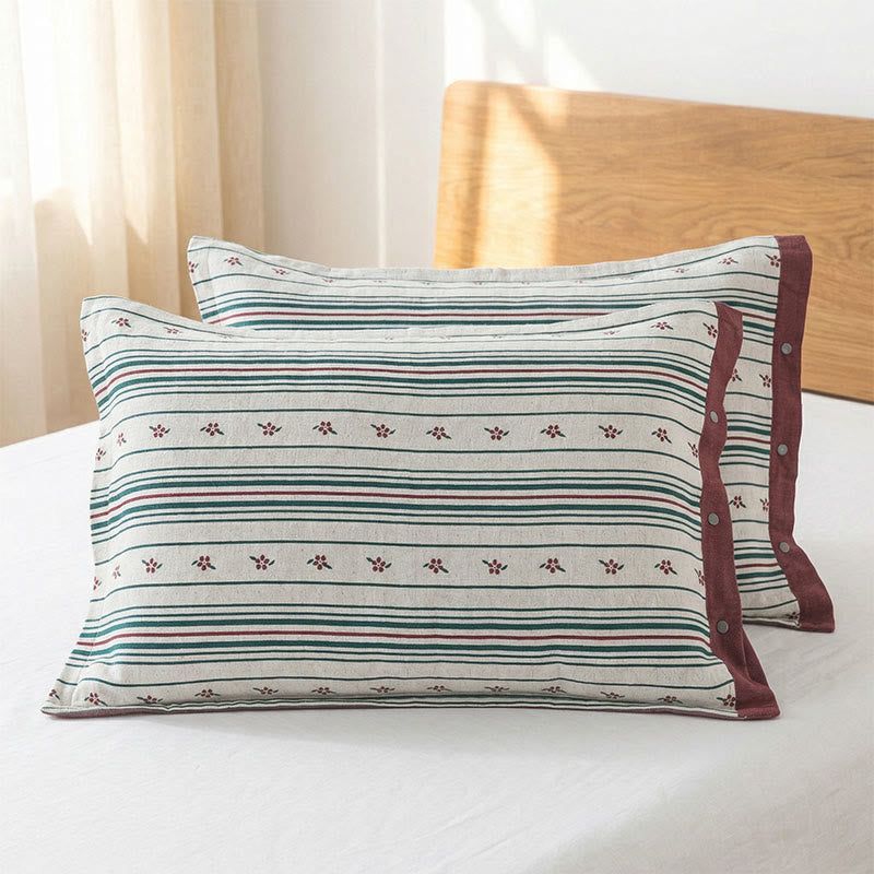 Stripe Floral Button Cotton Pillowcases (2PCS) - image 2