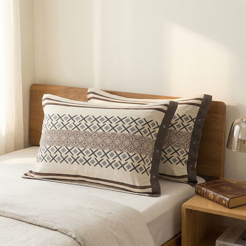 Geometric Cotton Gauze Button Pillowcases (2PCS) - Beige - 52cm x 76cm - image 0