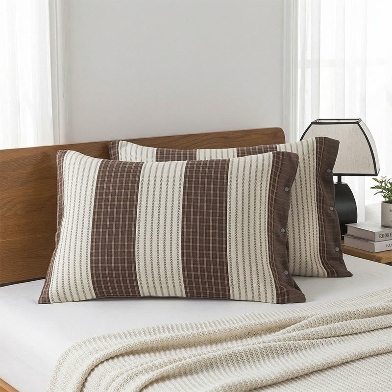 Plaid Stripe Cotton Button Pillowcases(2PCS) - Brown - 52cm x 76cm - image 4