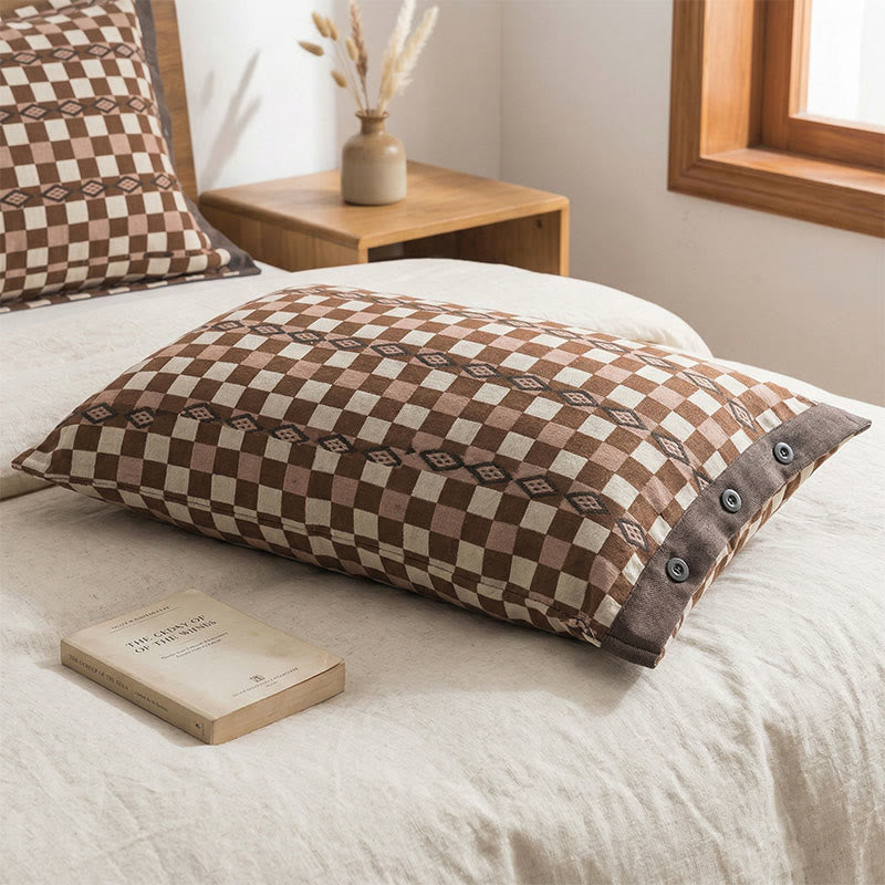 Checkerboard Cotton Gauze Pillowcases (2PCS) - Brown - 52cm x 76cm - image 0