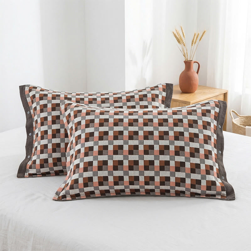 Grid Button Pure Cotton Pillowcases (2PCS) - Red&Brown - 52cm x 76cm - image 0