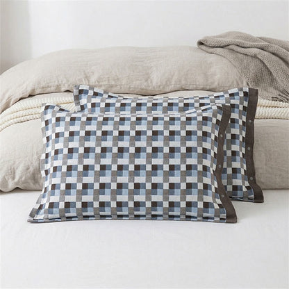 Grid Button Pure Cotton Pillowcases (2PCS) - Blue&Brown - 52cm x 76cm - image 2