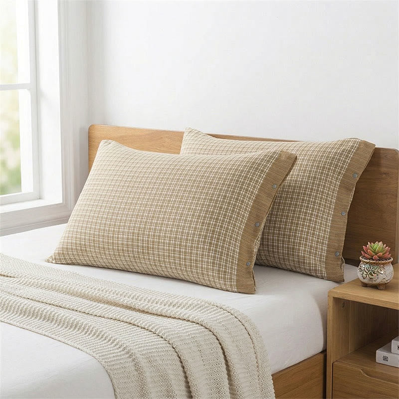 Mini Plaid Button Cotton Pillowcases (2PCS) - Green&Beige - 52cm x 76cm - image 2
