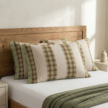 Plaid Stripe Pure Cotton Pillowcases (2PCS) - Green&Brown - 52cm x 76cm - image 2
