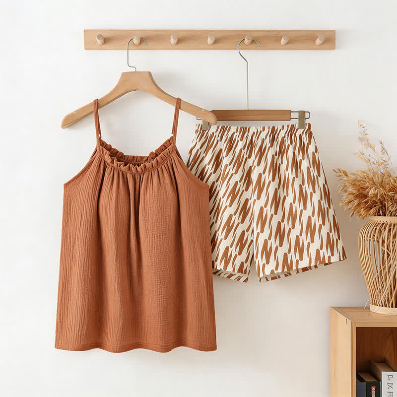 Cami & Abstract Striped Shorts Pajama Set - Brown - XXL - image 0
