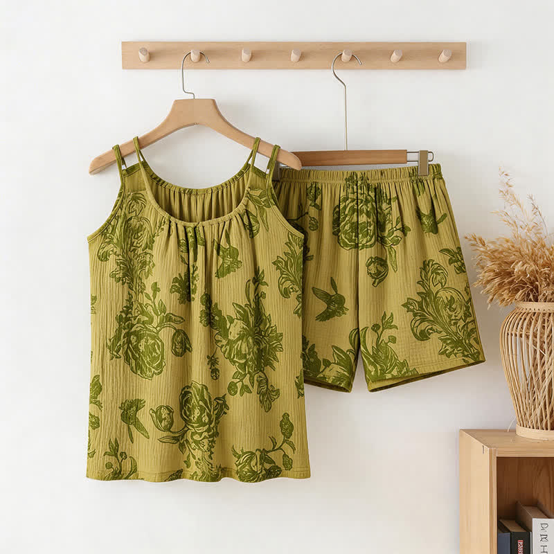 Vintage Floral Bird Cami & Shorts Pajamas - Green - XXL - image 0