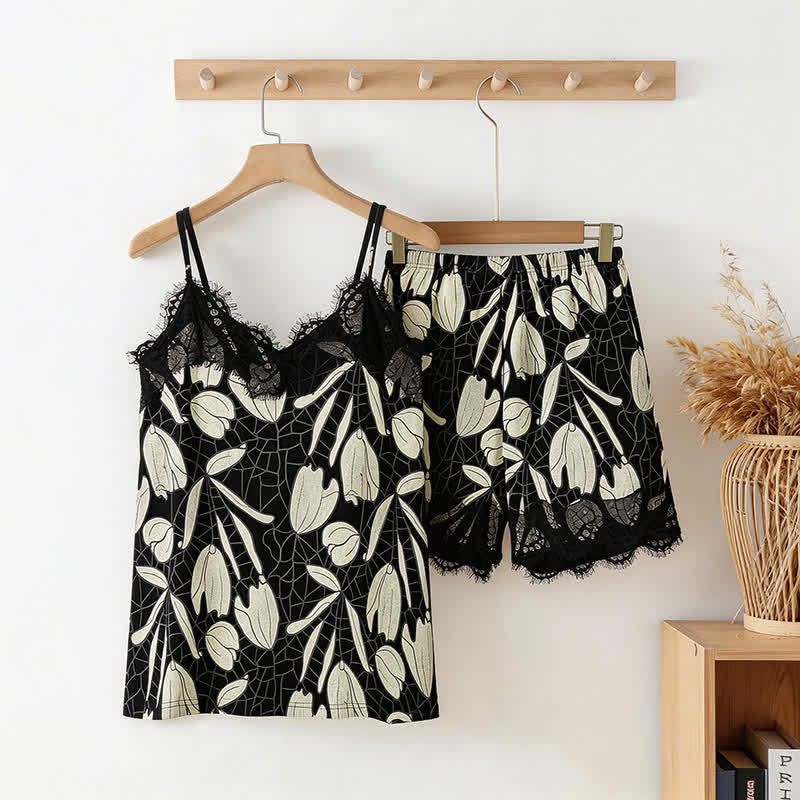 Abstract Floral Cotton Cami & Shorts Pajamas - Black & White - XXL - image 0