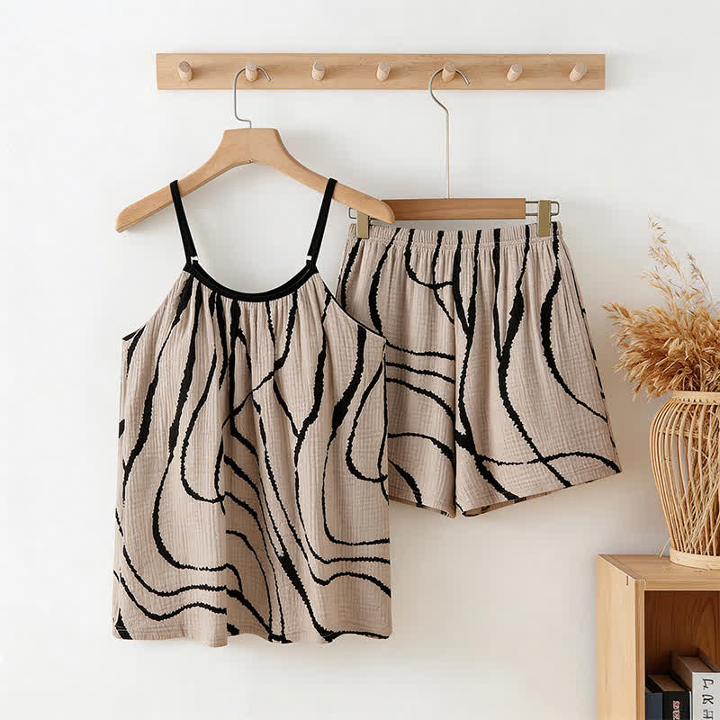 Artistic Wave Cotton Gauze Cami Pajamas - Black & Beige - XXL - image 0