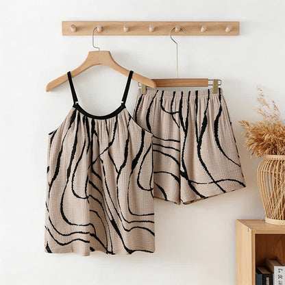 Artistic Wave Cotton Gauze Cami Pajamas - Black & Beige - XXL - image 0