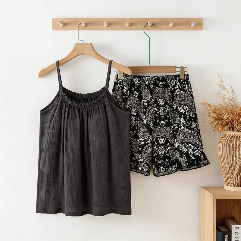 Cami & Vintage Pattern Shorts Pajama Set - Black - XXL - image 0