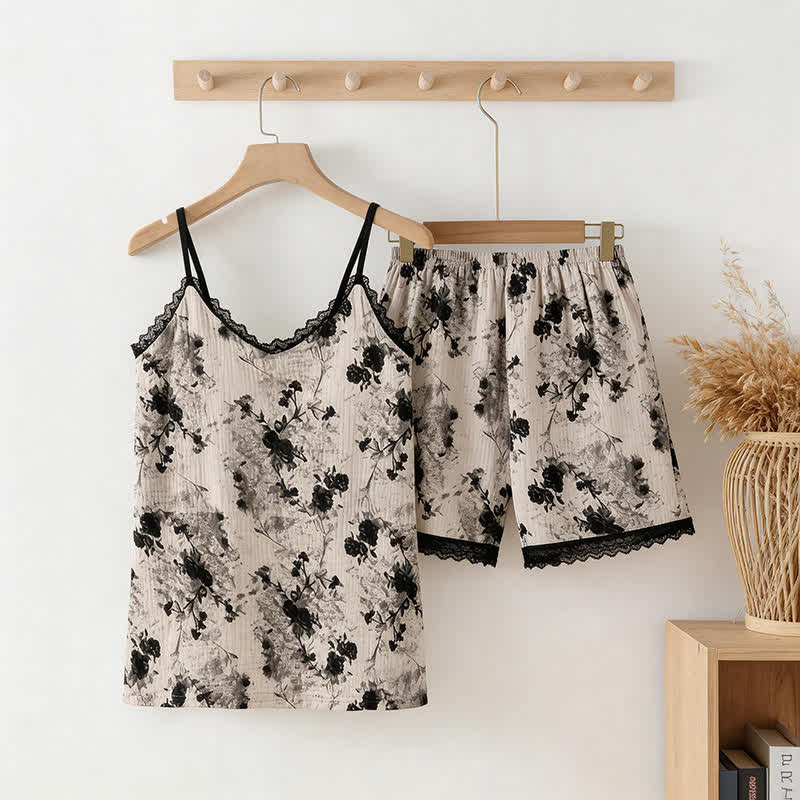 Black Floral Cotton Cami & Shorts Pajamas - Black & White - XXL - image 0
