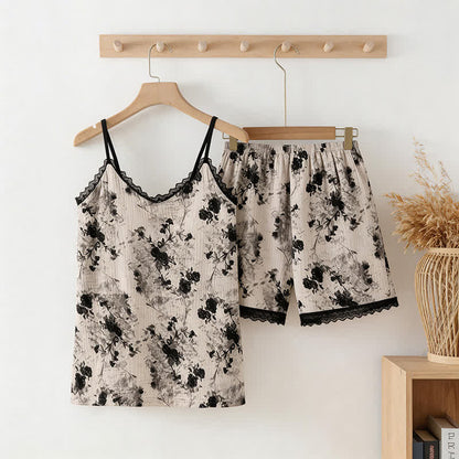 Black Floral Cotton Cami & Shorts Pajamas - Black & White - XXL - image 0