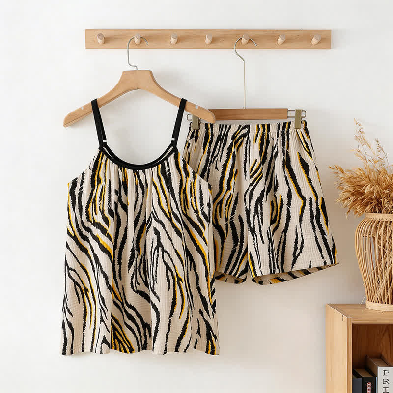 Tiger Stripe Cotton Gauze Cami Pajamas - Black & Beige - XXL - image 0