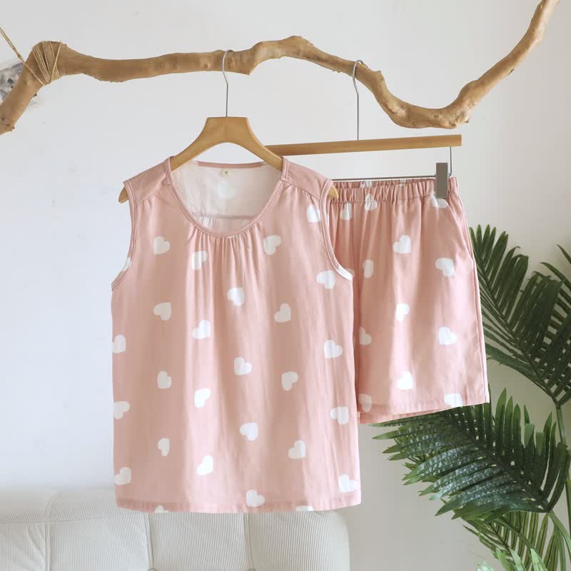 Cotton Double Gauze Heart Tank Pajamas - Pink - XL - image 3