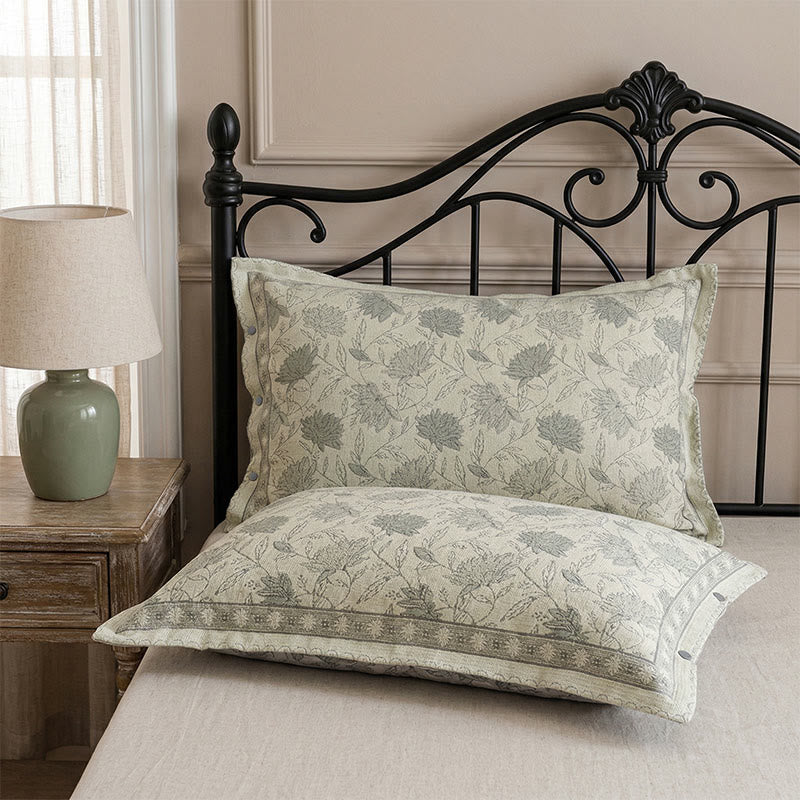 Floral Cotton Gauze Button Pillowcases (2PCS) - Green - 48cm x 74cm - image 0