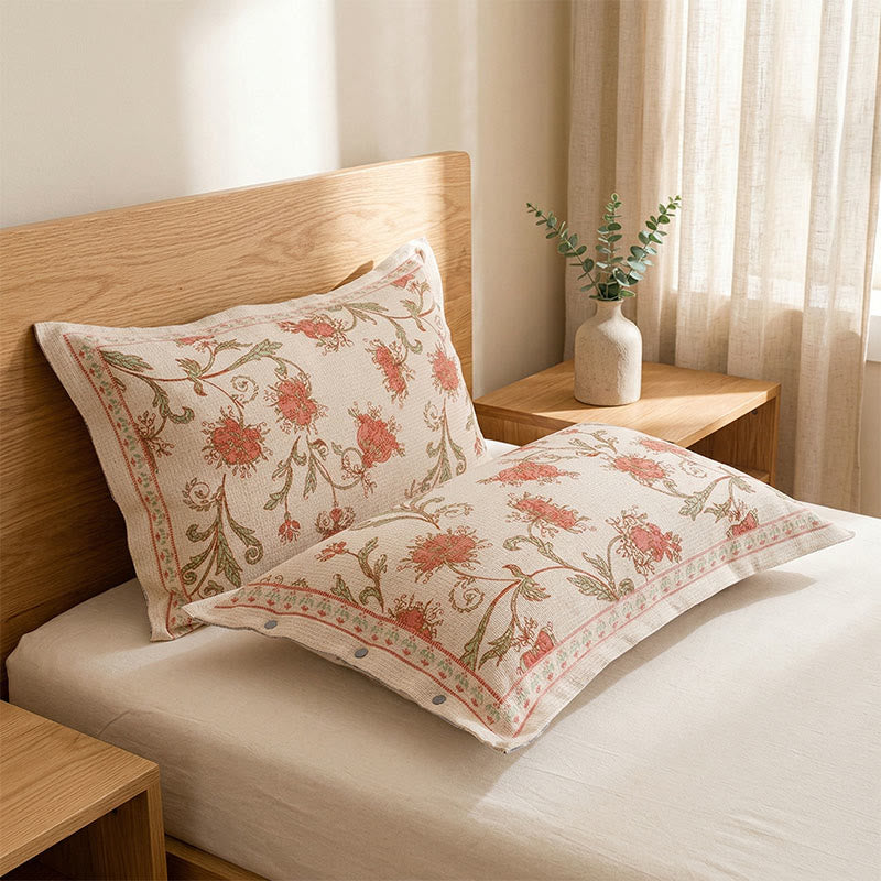 Red Floral Cotton Linen Pillowcases (2PCS) - Red - 48cm x 74cm - image 0