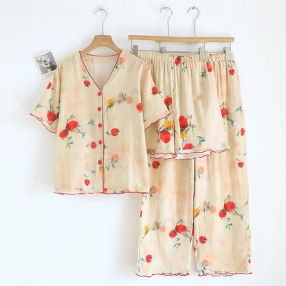 Pomegranate Print Cotton V-Neck Pajama Set(3PCS) - Beige - XL - image 0