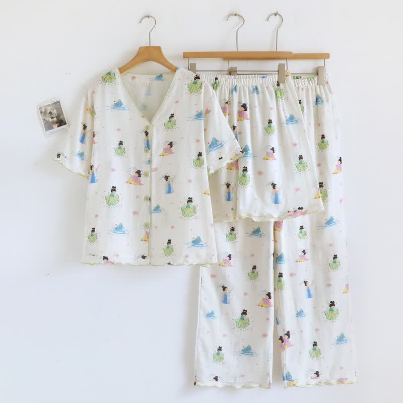 Vintage Oriental Princess Inspired Cotton Pajamas(3PCS) - Beige - XL - image 0