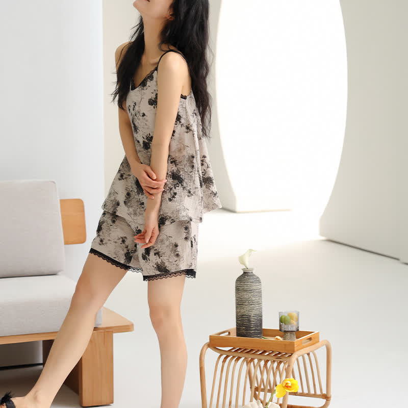 Black Floral Cotton Cami & Shorts Pajamas - image 4