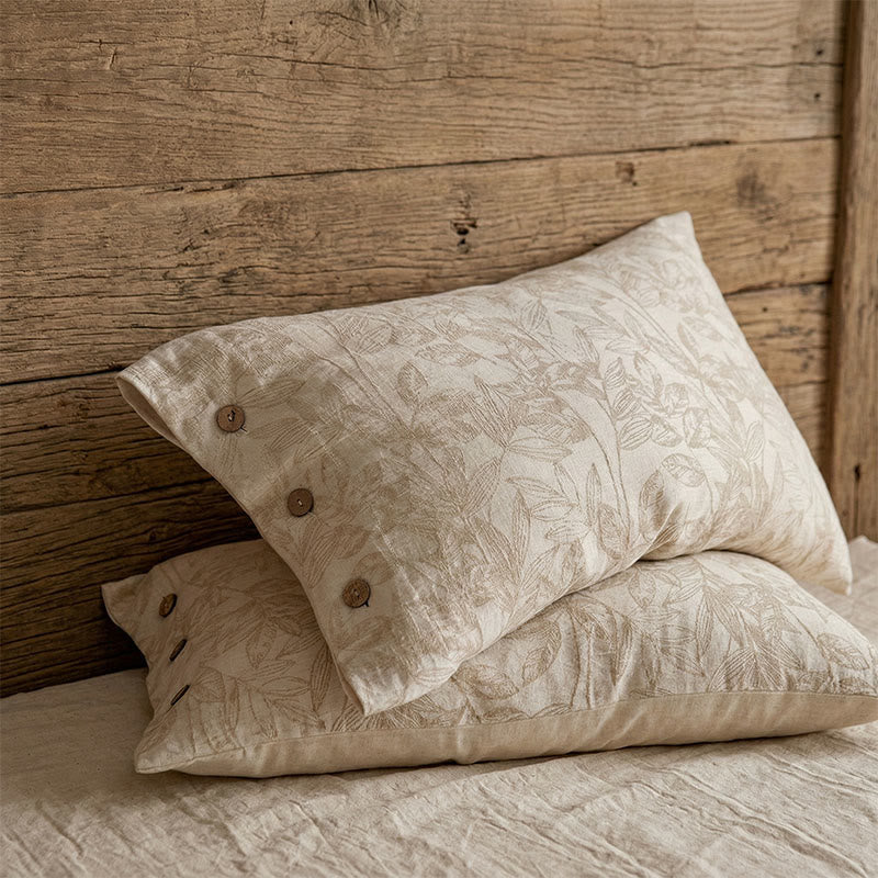 Rustic Floral Linen Button Pillowcases (2PCS) - Light Brown - 48cm x 74cm - image 0
