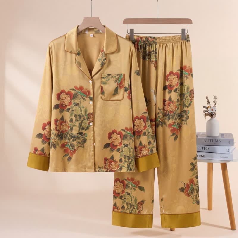 Luxurious Floral & Green Leaf Pajama Set - Yellow - XL - image 0