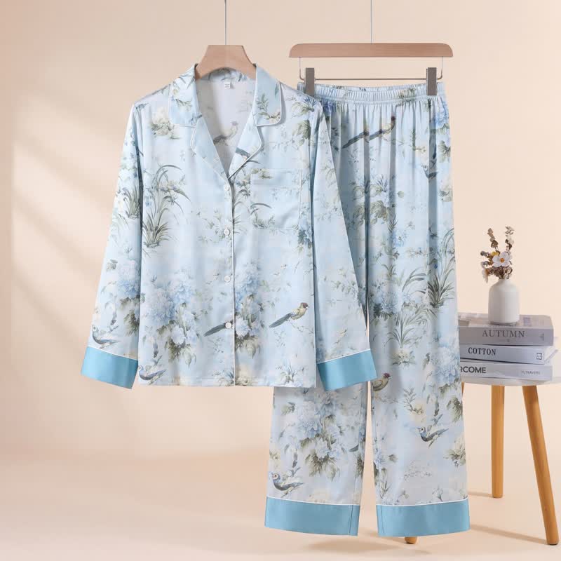 Elegant Floral & Bird Print Pajama Set - Blue - XL - image 0