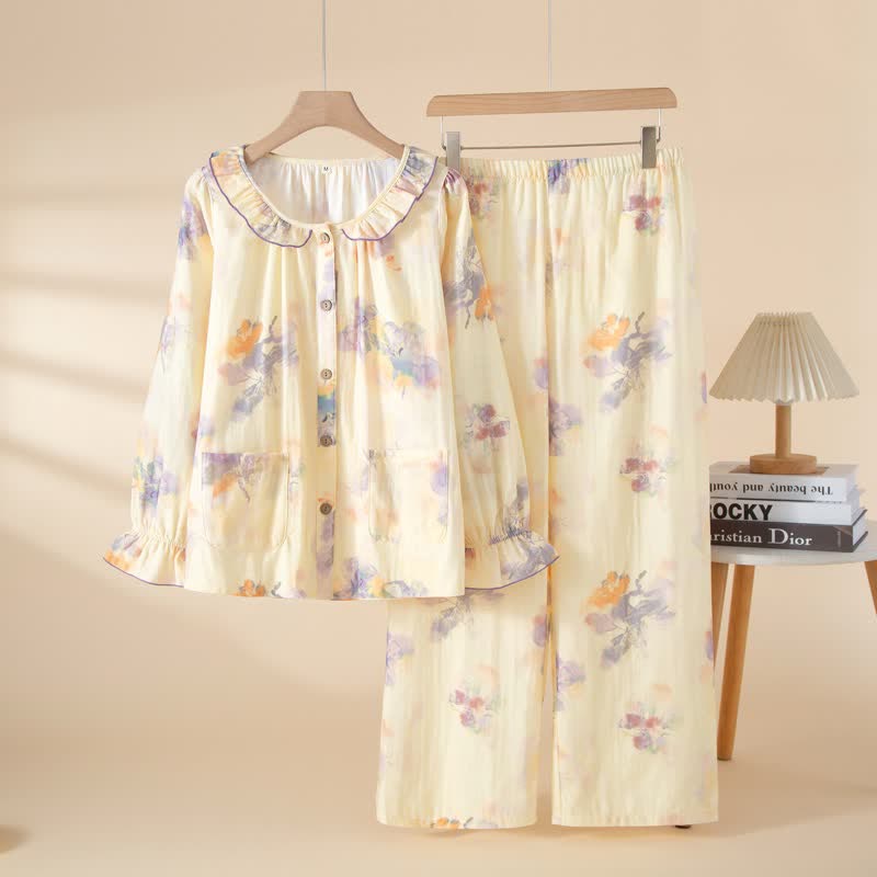 Floral Ruffled Cotton Gauze Pajama Set - Purple - XL - image 3