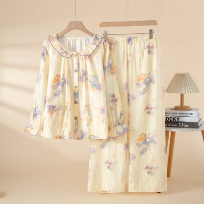 Floral Ruffled Cotton Gauze Pajama Set - Purple - XL - image 3