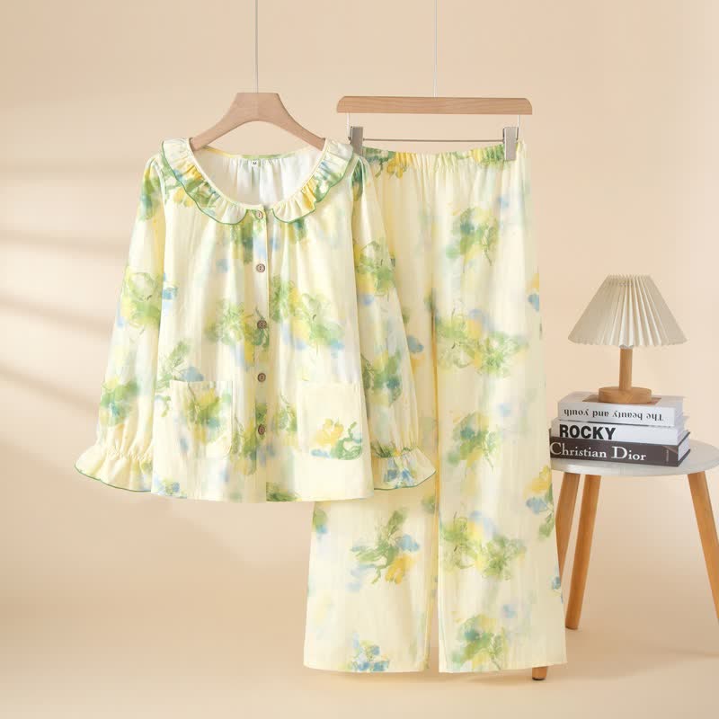 Floral Ruffled Cotton Gauze Pajama Set - Green - XL - image 4