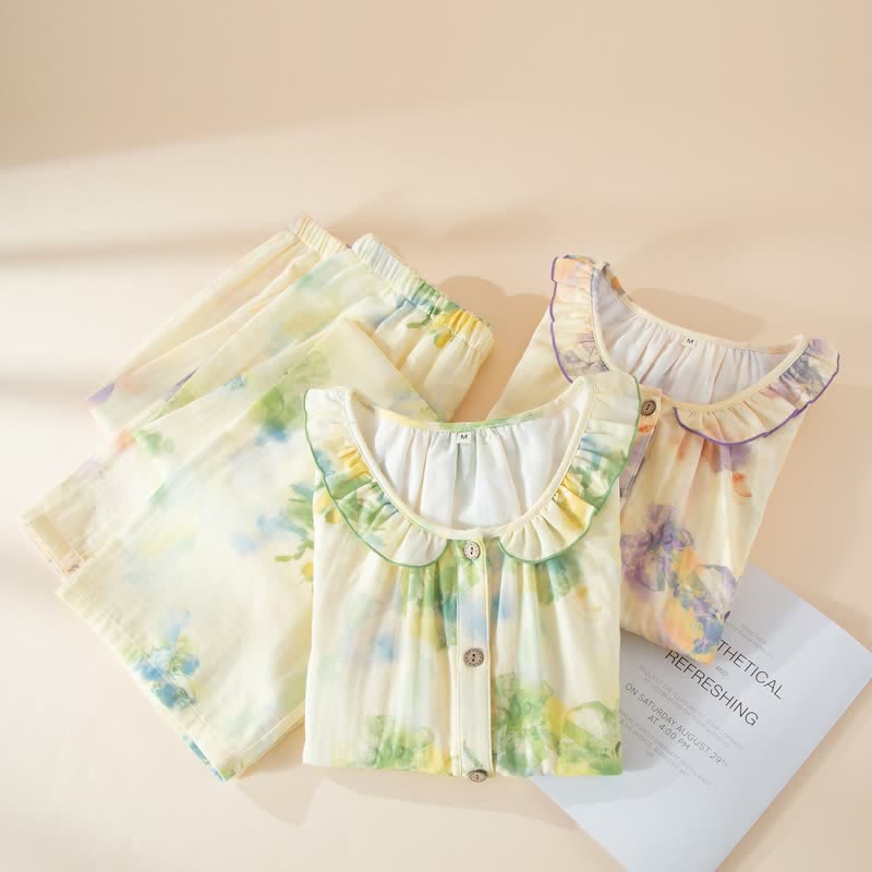 Floral Ruffled Cotton Gauze Pajama Set - image 1