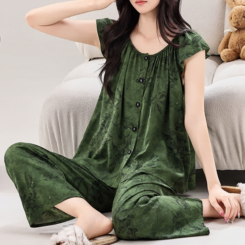 Green Floral Ruffle Sleeve Loungewear Set - image 1