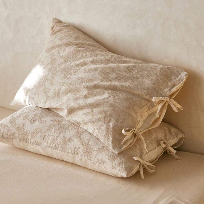 Ownkoti Floral Bow Tie Cotton Linen Pillowcases (2PCS)  - Light Brown - 48cm x 74cm - image 0