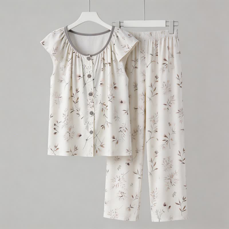 Elegant Branch Button Front Loungewear Set - White - XXL - image 0