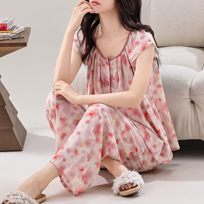 Pink Floral Button Front Loungewear Set - image 1
