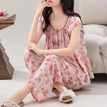 Pink Floral Button Front Loungewear Set - image 1
