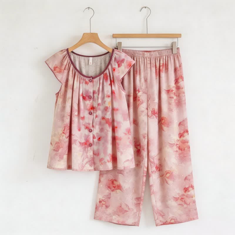 Pink Floral Button Front Loungewear Set - Pink - 2XL - image 0