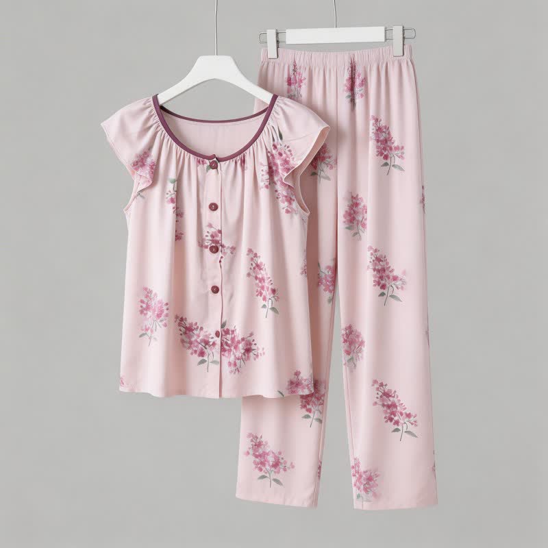 Floral Flutter Sleeve Button Front  Pajamas - image 3