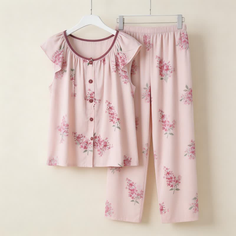 Floral Flutter Sleeve Button Front  Pajamas - Pink - 2XL - image 0