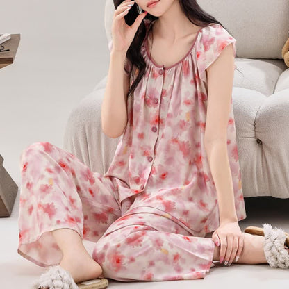 Pink Floral Button Front Loungewear Set - image 2